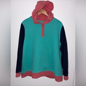 Lands’ End Serious Sweats Colorblock Hoodie Pink Green Navy Women’s XL
